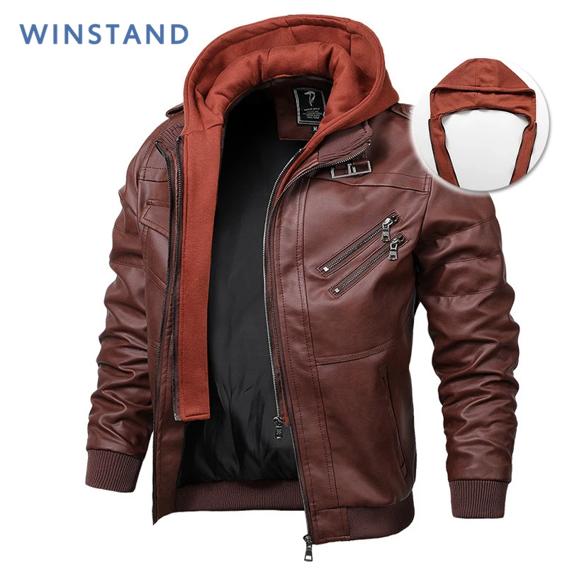 Мужская кожаная куртка WINSTAND черная повседневная из искусственной кожи с