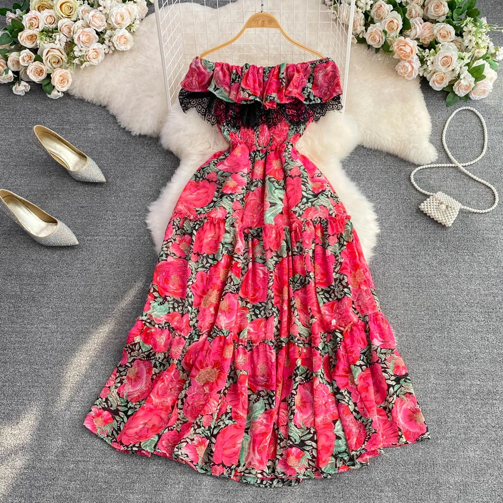 

Feminine Off Shoulder Ruffled Waist Slimming Printed A-line Dress Seaside Holiday Big Swing Long Dress