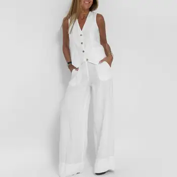 Autumn White Linen Two Piece Set For Women 2023 Fashion Sleeveless Tank Top New In Matching High Waist Wide Pants Set 1