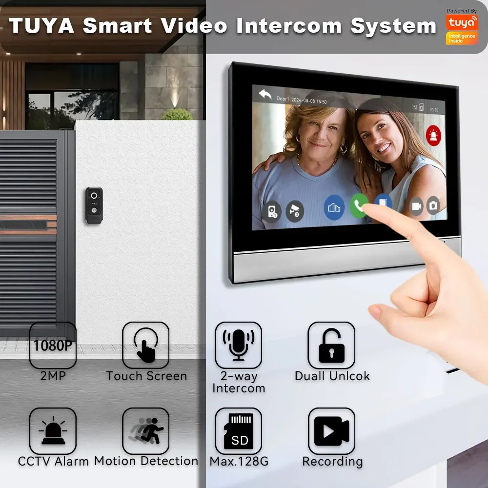 Tuya Smart WiFi doorbell video intercom with 7/10 inch HD IPS touch screen indoor monitor and acrylic wire drawing panel