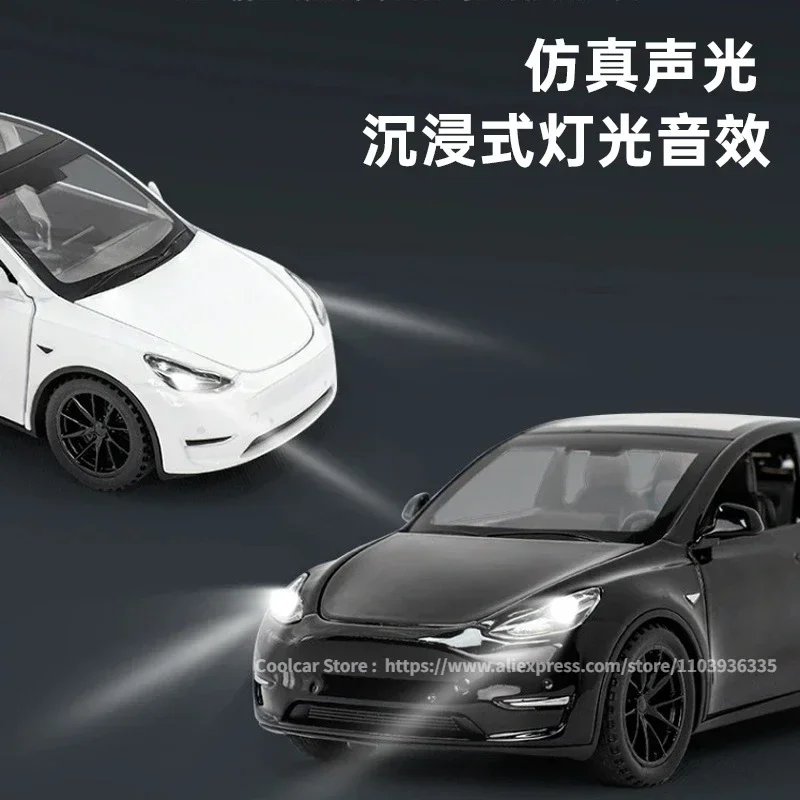 All 1:24 TESLA MODEL Y Model 3 With Charging Pile Alloy Diecast Metal Toy Car Model Sound and Light Childrens Collectibles Gift 3