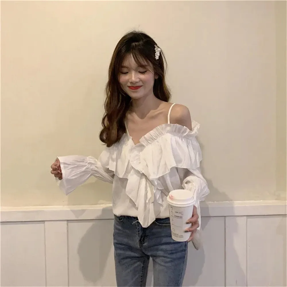 Y2K Ruffles Sexy Off Shoulder Blouses Women Party Design Stylish Ulzzang Long Sleeve Harajuku Solid All-match Soft Ins Crop Tops 6