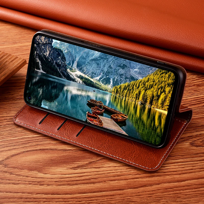 Crazy Horse Genuine Leather Flip Wallet Case with Fall Prevention
