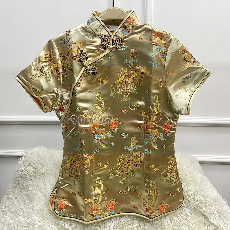 새로운 자카드 꽃 당나라 의류 여성 패션 Qipao 탑 빈티지 개선 Cheongsam 새틴 셔츠 탑 버튼 다운 착용 Plussize