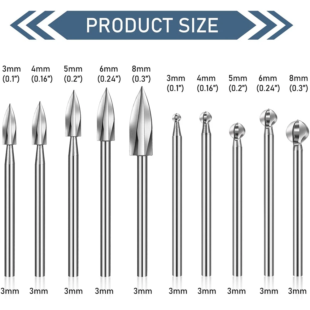 

10 Pieces Wood Carving Bits Engraving Drill Accessories Shank Round Nose Cove for Carving Drill Bit for Rotary Tools