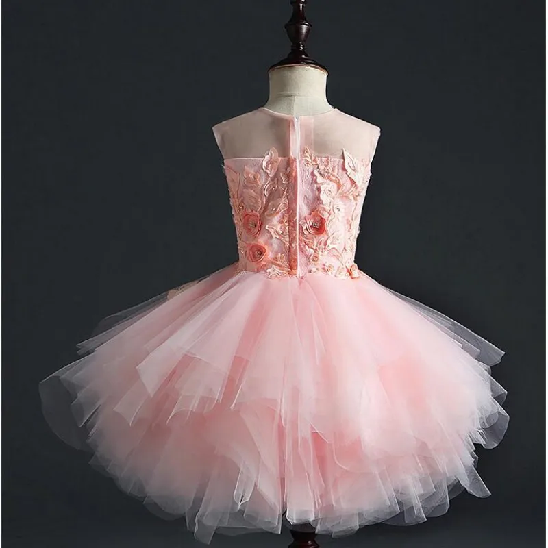 Girl Wedding Party Flower Girl Dresses Pink Tulle Trailing Princess Gown Beaded Floral Girls Pageant First Communion Gown