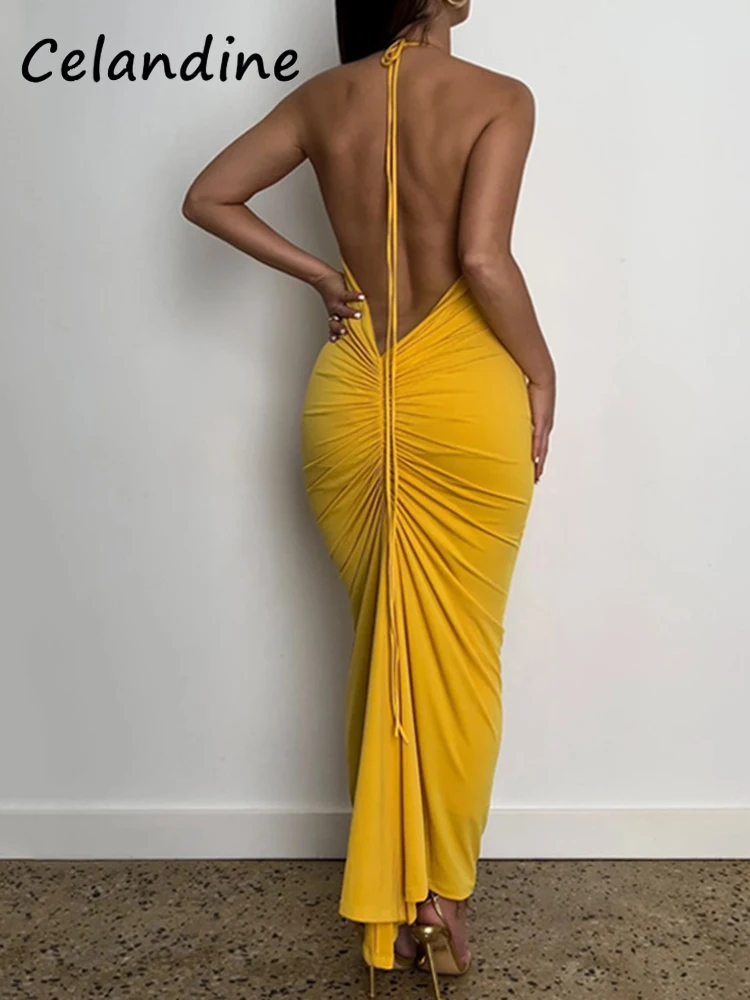 Celandine Women Halter Summer Backless Party Long Dresses Ruched Green Elegant Party Sleeveless