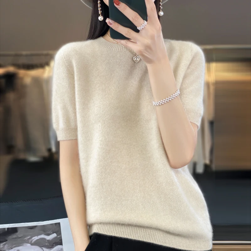 패션 반소매 캐시미어 여성용 스웨터 100% 순수 메리노 울 라운드 넥 풀오버 티셔츠