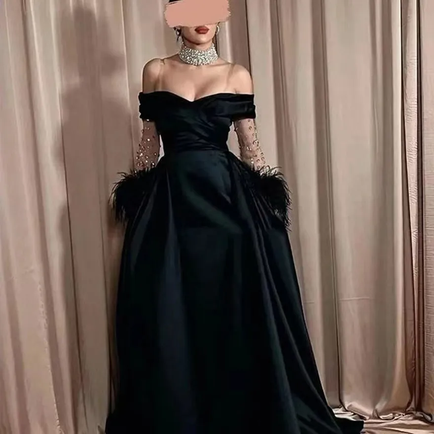 

Modern Black Satin Prom Dresses Off Shoulder Detachable Beaded Sheer Long Sleeves Special Party Evening Gowns for Ladies