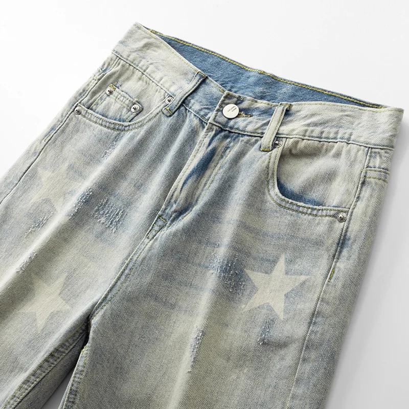 Summer Vintage Denim Shorts, Men's Retro Washed Knee Length Pants, High Street Thin Star Print Shorts