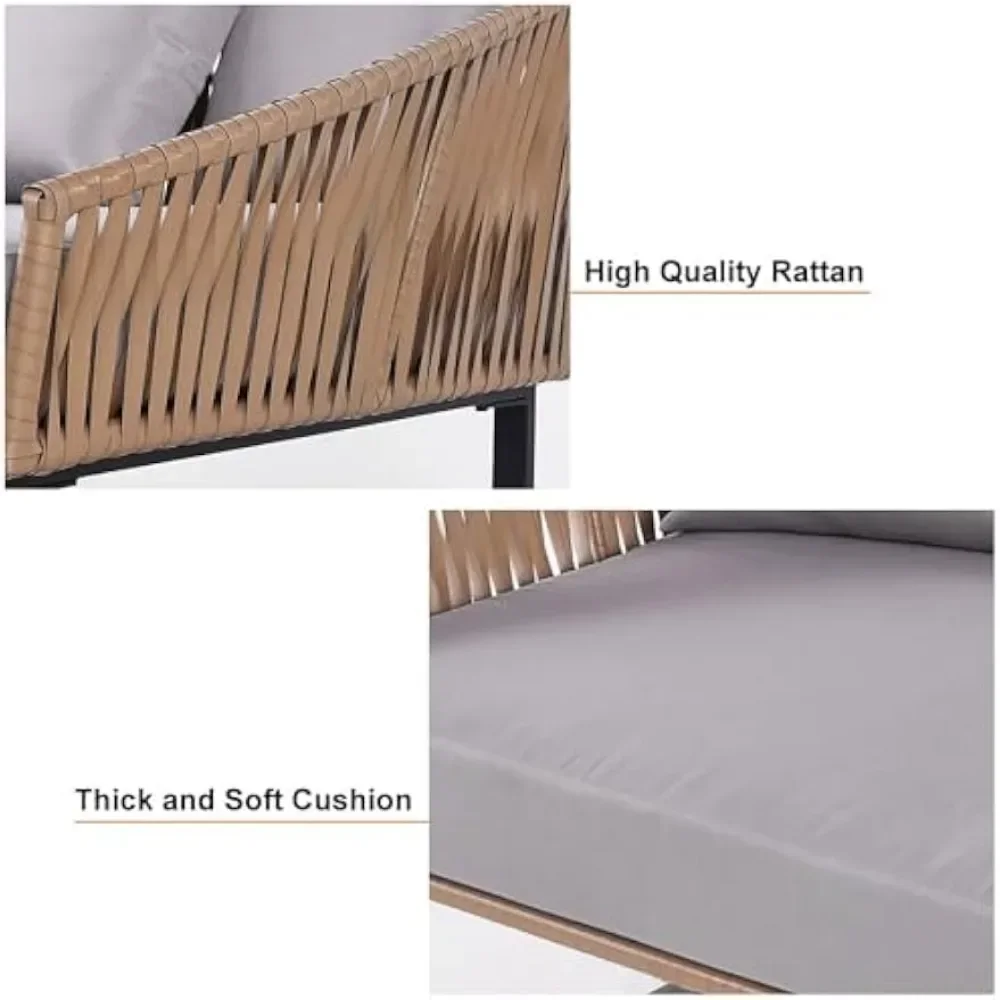 Rattan Patio Outdoor Daybed, Rattan Day Bed with Cushion Pillow & Aluminum Frame Sunbed Sofa Set Patio Loveseat 5