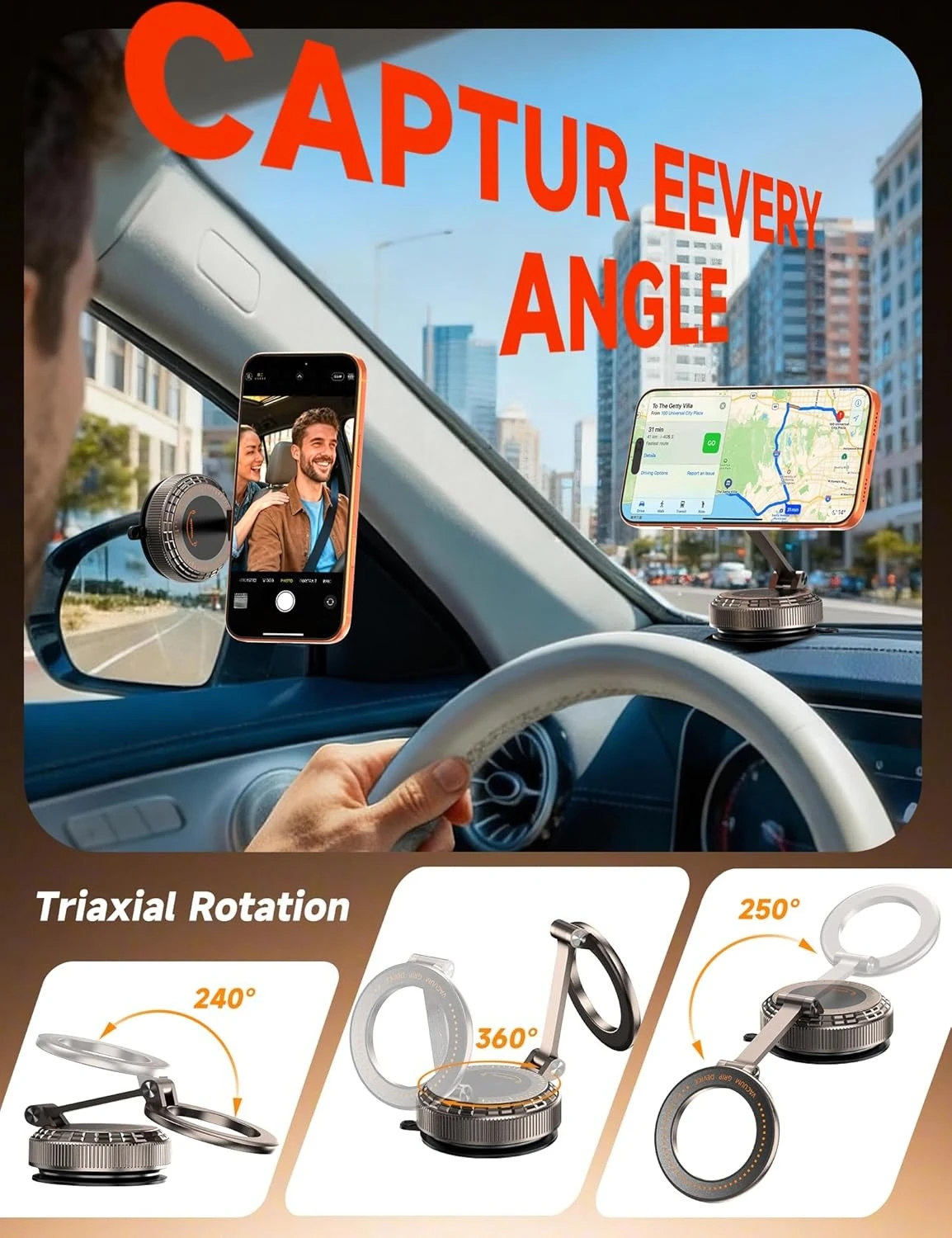 Vacuum Magnetic Phone Holder for Your Car [105+LBS Suction & 3800gf Magnetic] 360° Adjustable Stand for iPhone 17 16 15 14 13 12