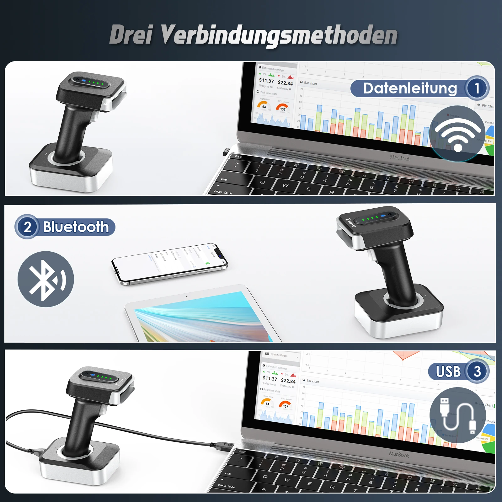 Barcode Scanner Eyoyo EY-029 Silver Handheld Bluetooth Scanner 4-mil 1D/2D Barcode Reader With Battery Base Screen Image Auto-sensing Scanning