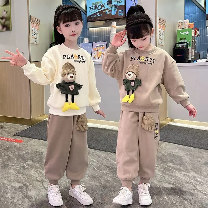 طقم بدلة من قطعتين مبطنة مخملية للفتيات ، ملابس أطفال ، سترة ، بنطلون ، رياضة ، لطيف ، خريف ، شتاء ، جديد ، 4-12 سنة