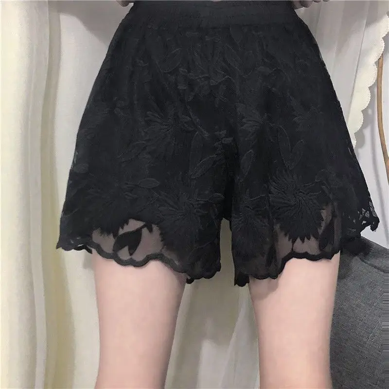 Safety Pants White Floral Crochet Shorts Summer Vintage Loose Wide Leg Female Shorts Ladies Lolita Embroidery Sweet Underskirt
