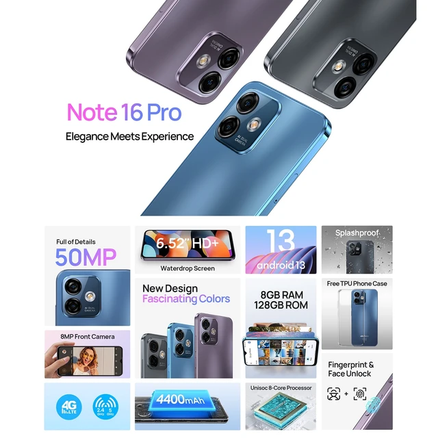 Ulefone Note 16 Pro 8GB+128GB Smartphone Dual Back Cameras 4400mAh 6.52  inch Android 13 Unisoc T606 Cellphone - AliExpress