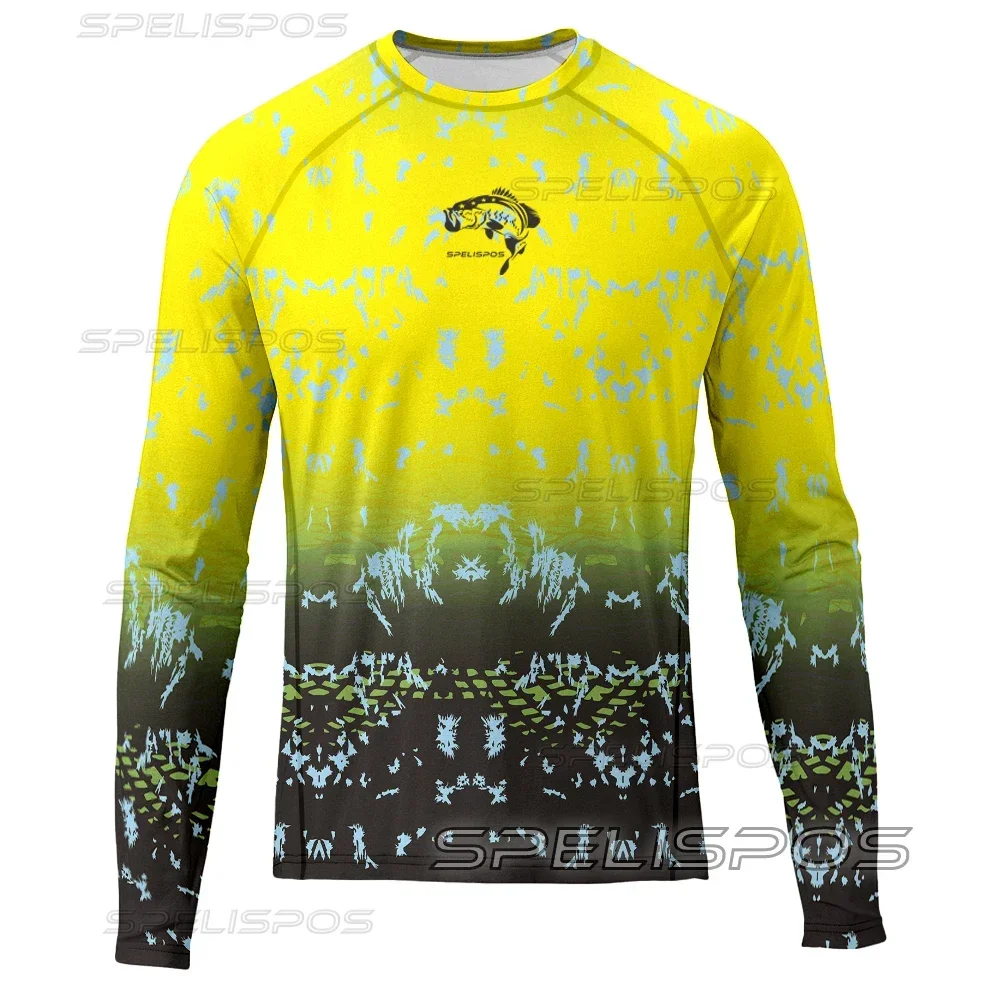 SPELISPOS Men Round Neck Fishing Jersey Hiking Tops Breathable UPF 50+ Print Long Sleeve Fishing Shirt Performance Angling
