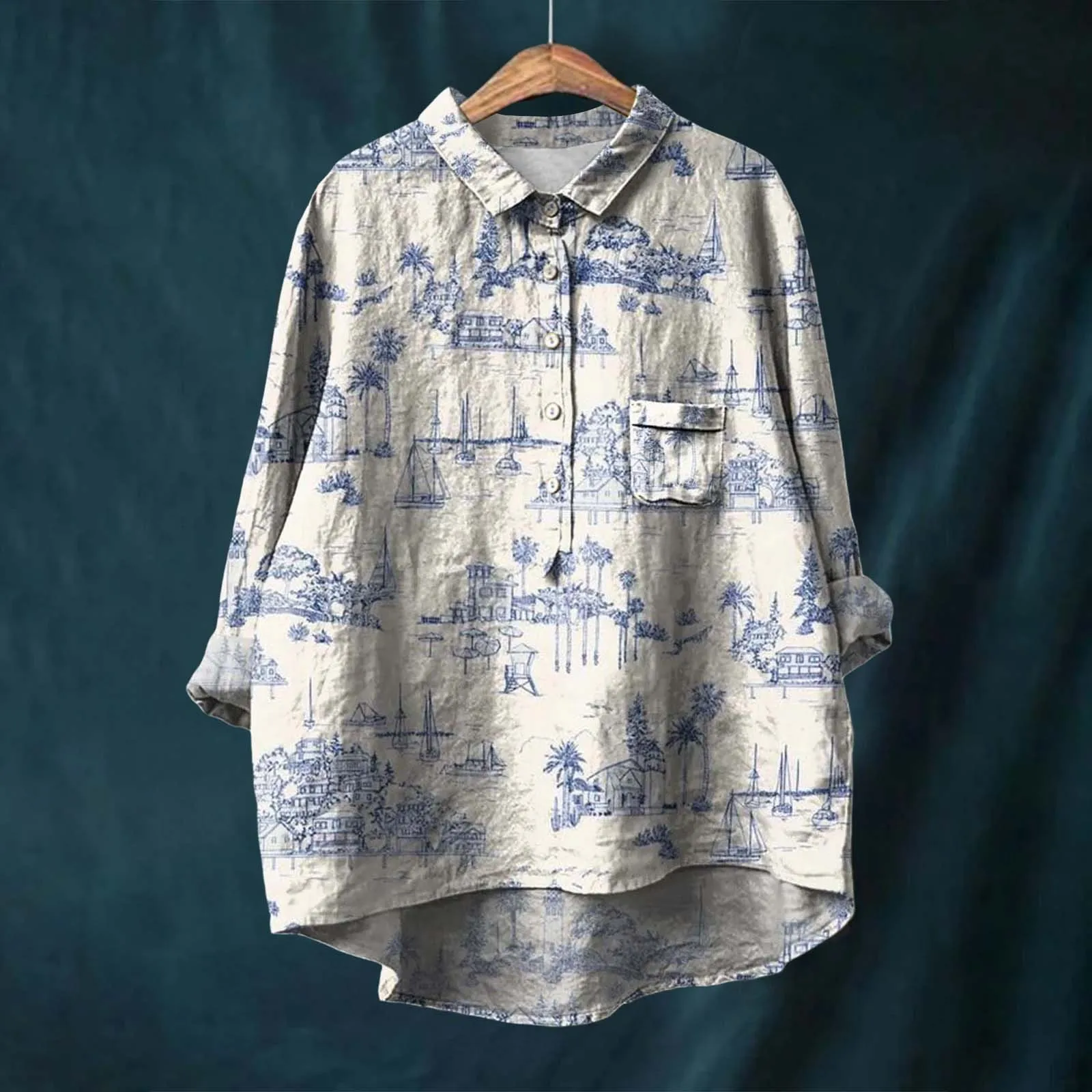 Women Shirt Flower Pattern Printed Lapel Neck Casual Cotton And Linen Long Sleeve Fall Exercise Clothes