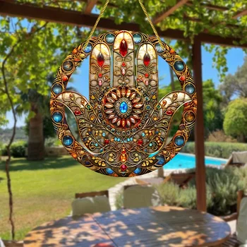 Hand of Fatima Suncatcher-Boho Acrylic Wall Hanging Decor, Religious Themed Hamsa Hand Plaque,Garden, Porch,Living Room Wall Art