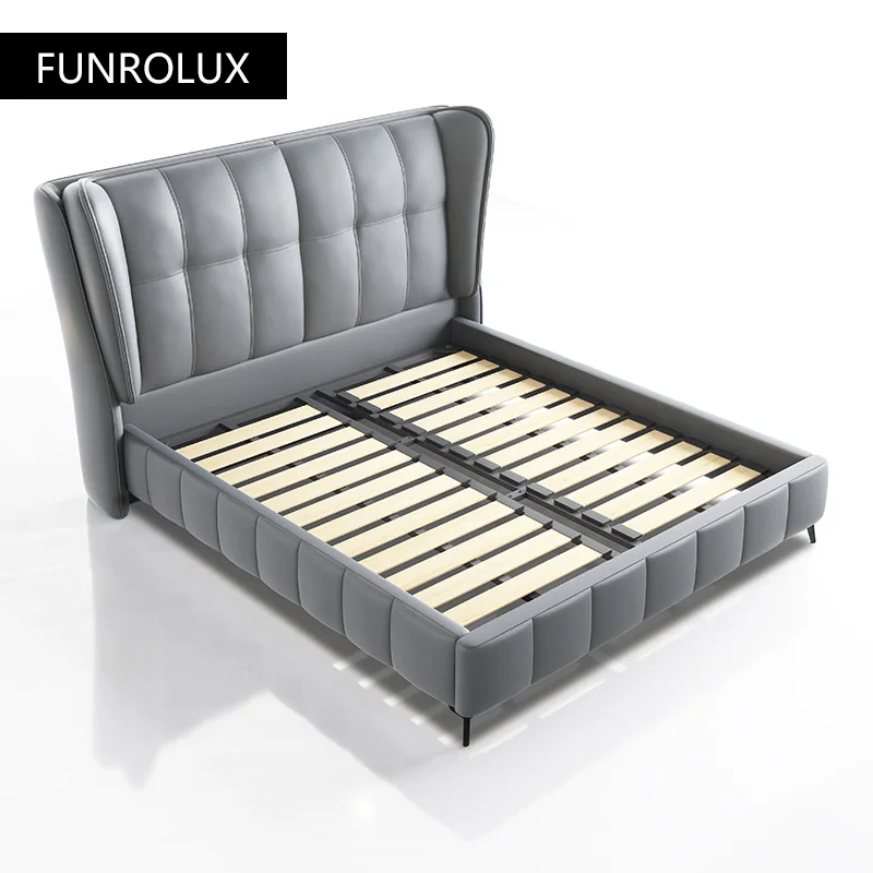 Luxury Modern Leather Bed Double Bed Master Bedroom1.5/1.8M Beige Matte Leather Soft Queen/King Size leather bed