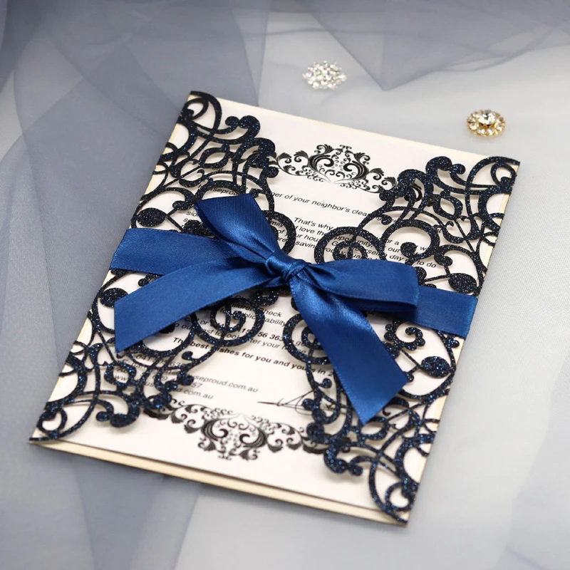 10PCS Laser Cut Blue Glitter Wedding Invitations with Ribbon – Elegant Gold Glitter Gre... - SKU LCIC0857 - UGI Packaging