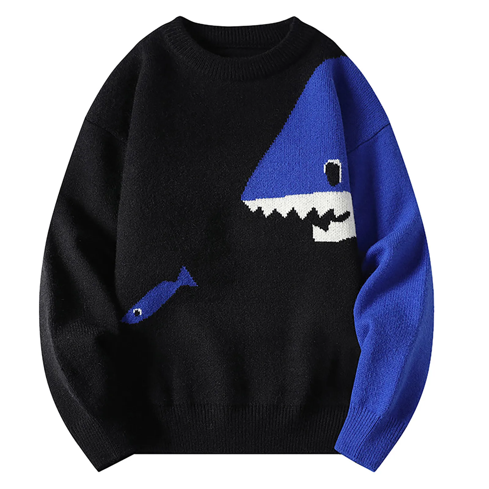 

Men Cute Cartoon Shark Print Patchwork Sweater Korean Y2k Oversize Knit Jumper Harajuku Street O-Neck Long Sleeve Pullover Tops