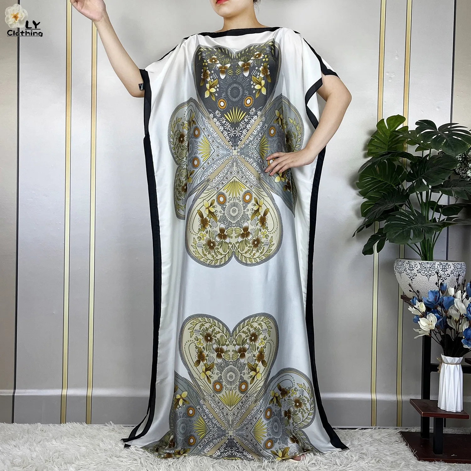 2023 New Muslim Abayas Summer Silk Soft Loose Femme Robe African Dashki Islam Pattern Printing Women Dresses With Belt Turban