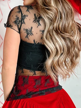 Women's Summer Lace Floral Tops Mesh Sheer Short Sleeve Mock Neck Fit T-Shirt 2