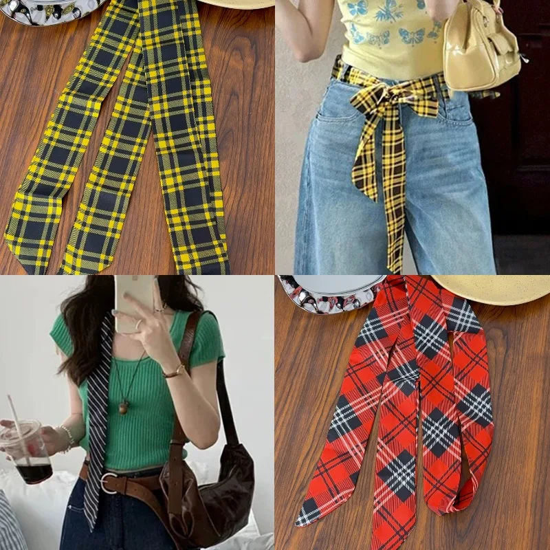 Y2K Vintage Black Red Striped Neckerchief Long Skinny Plaid Striped Waist Belt with Jeans Decor Accessory Versatile Hairband
