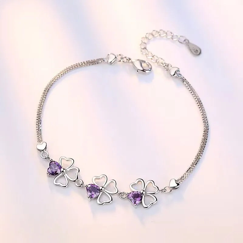 NEW fine 925 Sterling Silver Purple crystal Lucky Clover Bracelets for women fashion party wedding accessories Jewelry 17CM+4CM