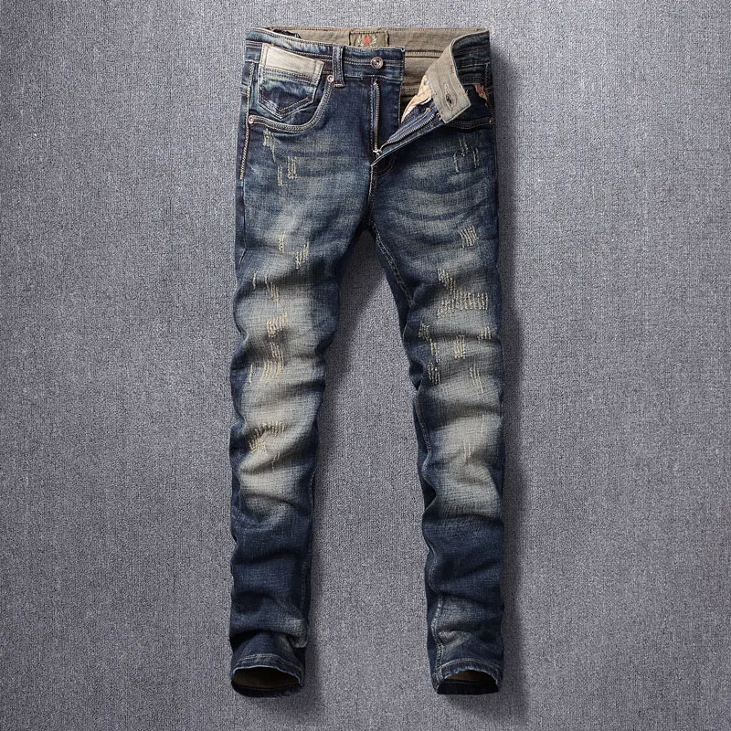 vibe style cross embroidery retro washed men baggy jeans trousers hip hop distressed vintage denim pants pantalons capris Fashion Vintage Men Jeans High Quality Retro Washed Blue Slim Fit Ripped Jeans Men Trousers Italian Style Designer Denim Pants