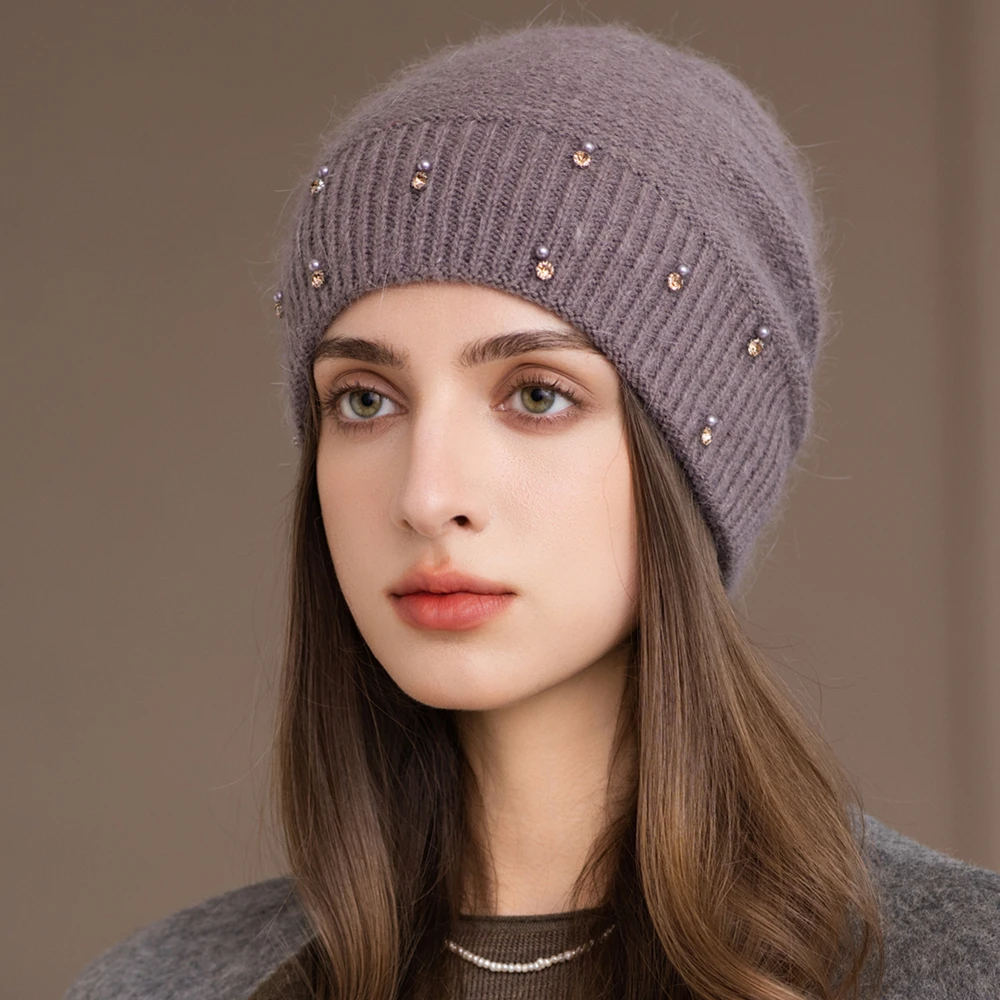 New Fashion Winter Women Hat Decorate Beanie Hat Rabbit Fur Blend Warm Winter Cap Y2K Female Casual Streetwear Knitted Hat