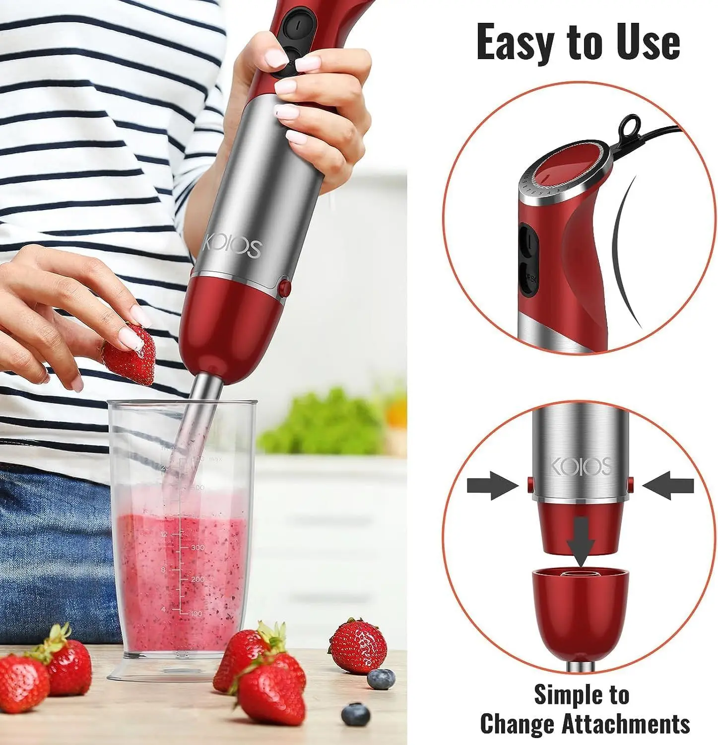 5-in-1 Hand Immersion Blender, 1000W 12 Speed Handheld Blender, Copper Motor Stainless Steel Blade Stick Blender,600ml Mixing Beaker,500ml Food Processor, Whisk, Milk Frother, BPA-Free, Red 8