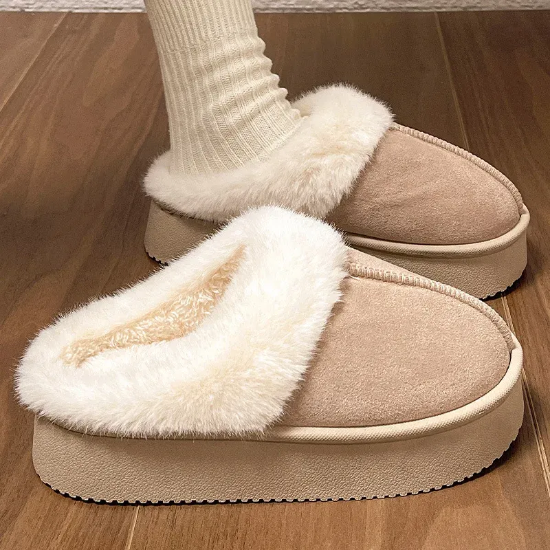 Unisex Fluffy Slippers New Plush Warm Platform Shoes For Winter Indoor Heelless Semi-slippers Outdoor Non-slip Cotton Shoes