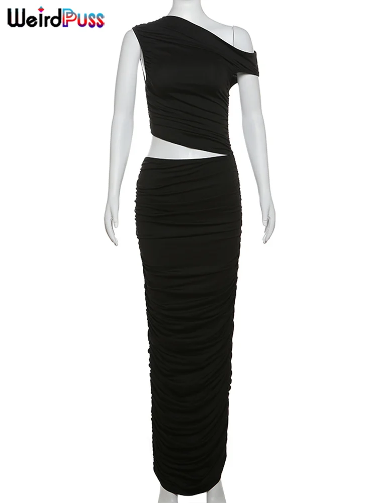 nibber Inclined Shoulder Dress Woman Summer Sexy Hollow Irregular Waistless Ruffles Sleeveless Elegant Party Skinny Vestidos