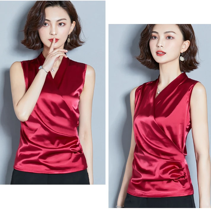 New Smooth Satin Female Sleeveless Blouse V-neck Top Slim Fit Outside Shirts