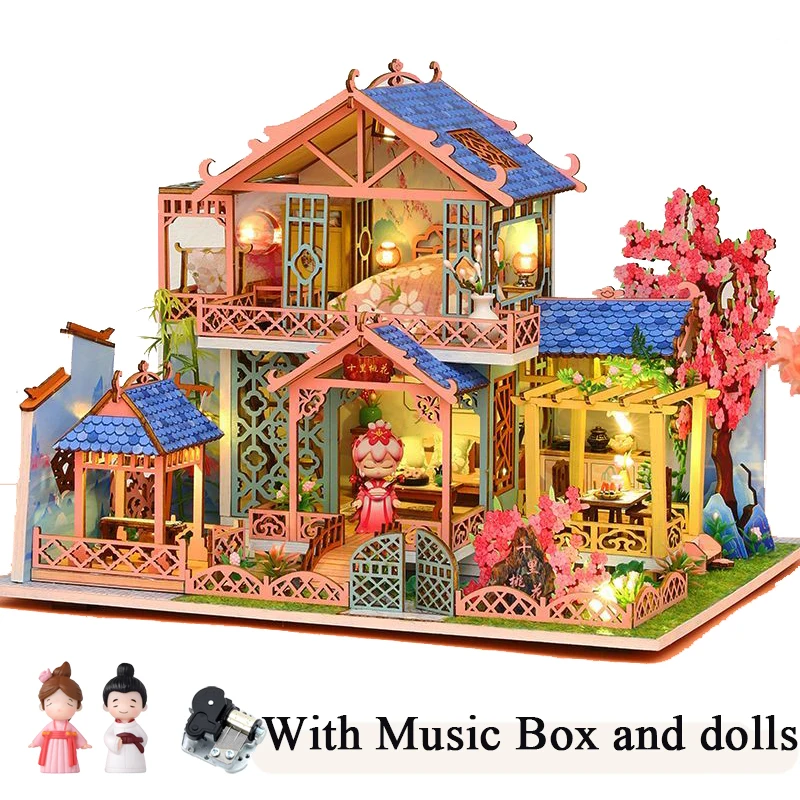 NEW DIY Wooden Doll Houses Peach Blossom Attic Casa Miniature