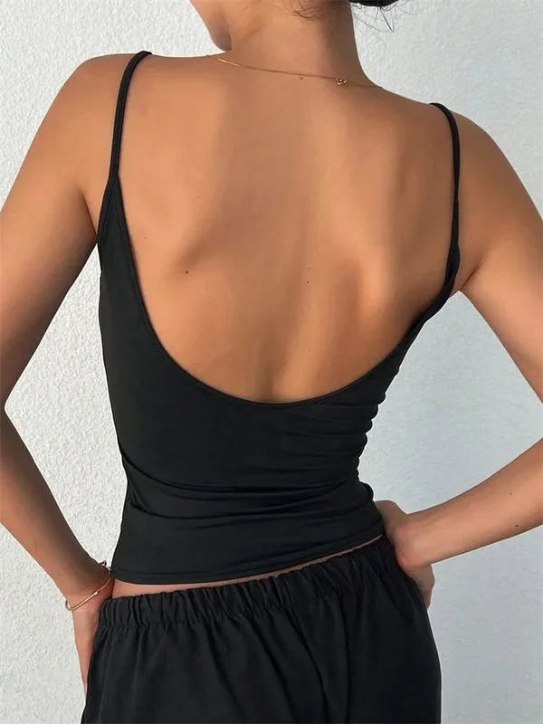 Women Backless Cami Crop Top Summer Solid Color Casual Sleeveless Top Streetwear Y2K Clothes