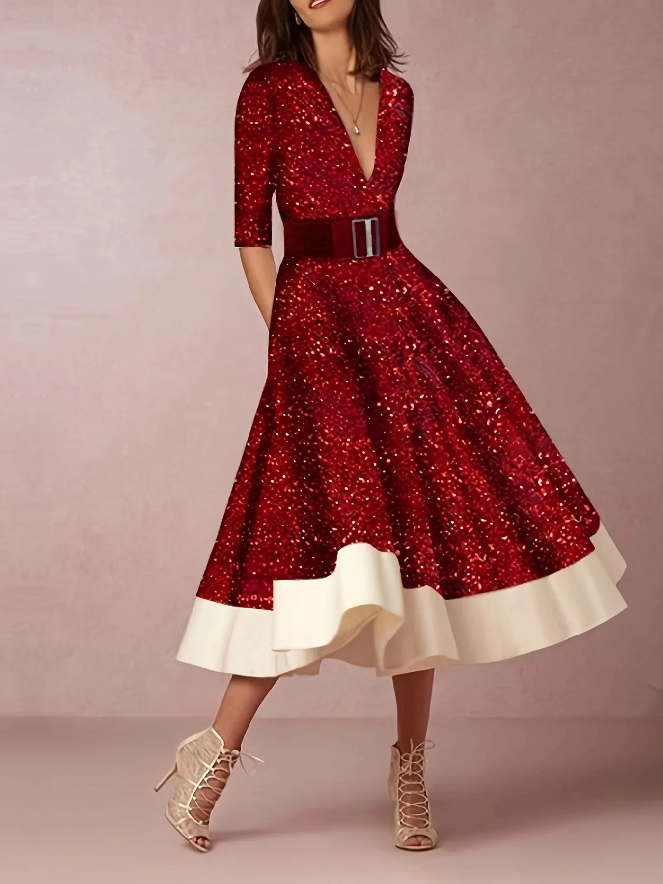 

Autumn Fashion Printed A-line Dress Women Elegant Round Neck Long Sleeve High Waist A-line Dress Women