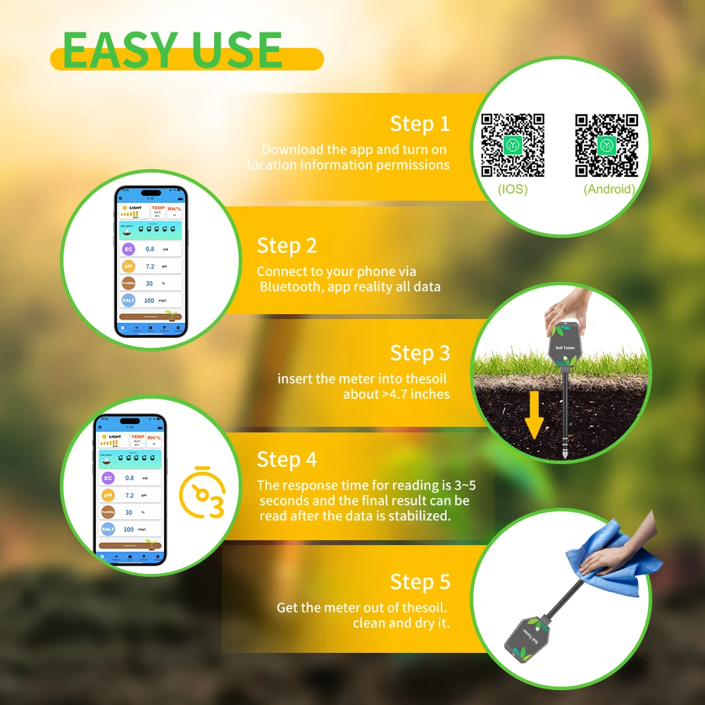 Soil Meter Digital pH Moisture Fertility Light Temp Humidity Analyzer for Garden
