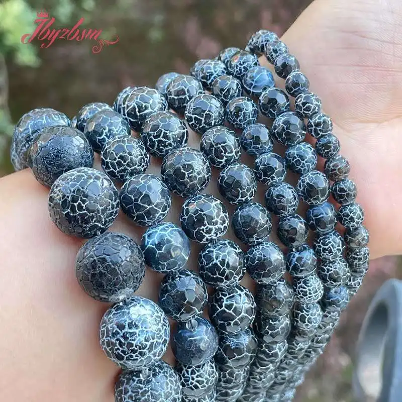 

Round Faceted Cracked Black Fire Agates Stone Spacer Beads for Women Men DIY Necklace Bracelet Earring Charms Jewelry Making 15"