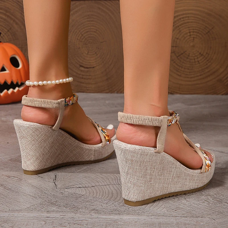 Bohemia Woven Band Wedge Sandals Women Summer Non Slip Thick Bottom Gladiator Sandalias Mujer Slip On High Heel Sandles Woman