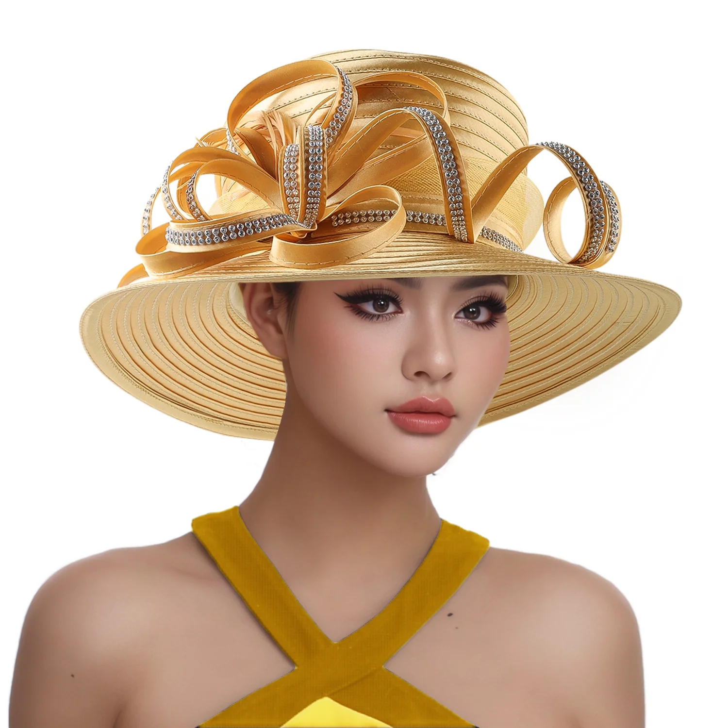 slim fit dress slacks Gold Wide Brim Dress Hat for Women