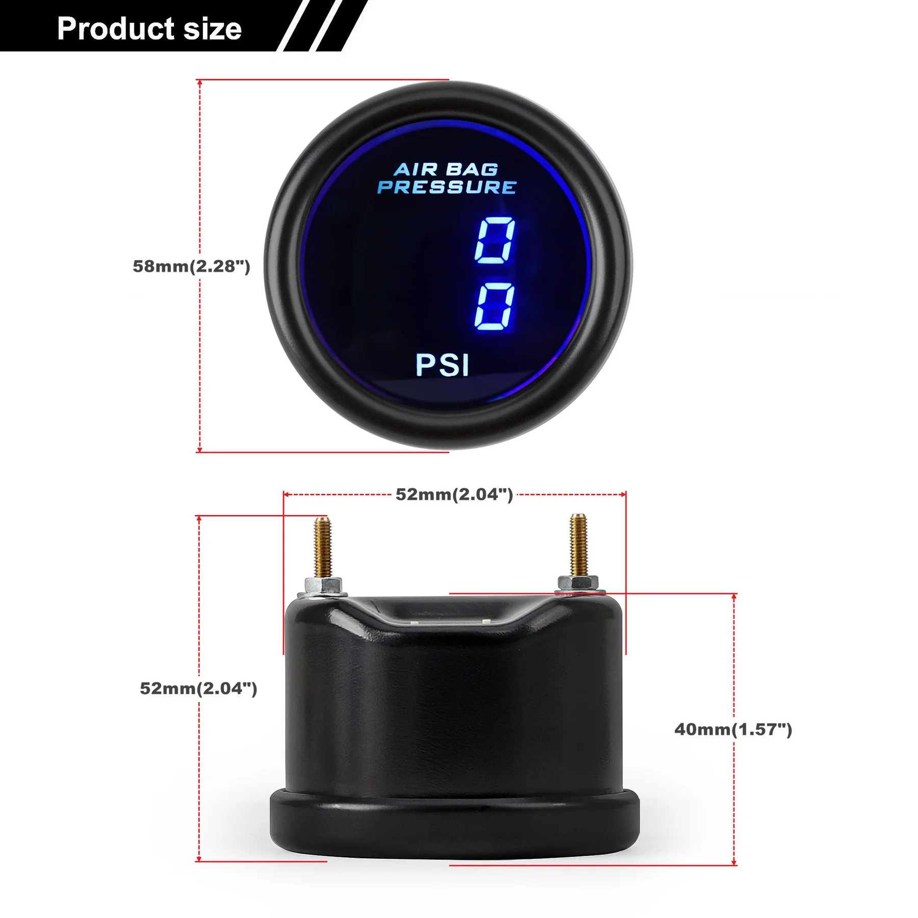 52mm Air Suspension Pressure Gauge Blue LED Dual Digital Display Air Ride Air Press With 2PCS 1/8 NPT Electrical Sensor