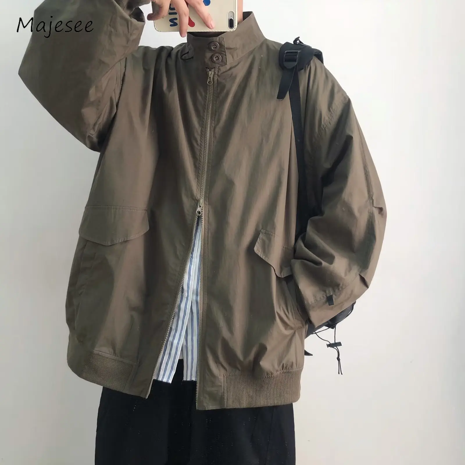 

Jackets Men Stand Baggy Simple Hipster Japanese Style Sporty Autumn Unisex Pure Color Harajuku High Street Teenagers Fashion