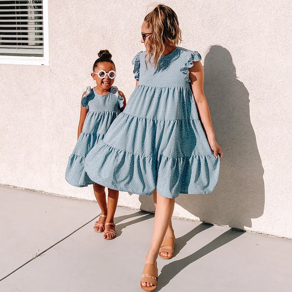 

Summer Mom and Daughter Family Look Polka Dot Ruffle Panel Tutu Dress Mommy and Me Clothes Casual Matching Family Outfits