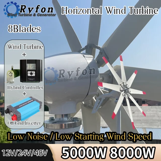 กังหันลมแนวนอน 3 ใบพัด 5KW 8KW 12V 24V 48V จากโรงงานจีน เครื่องกำเนิดไฟฟ้าแม่เหล็กถาวร กันน้ำ ระบบออฟกริด 1