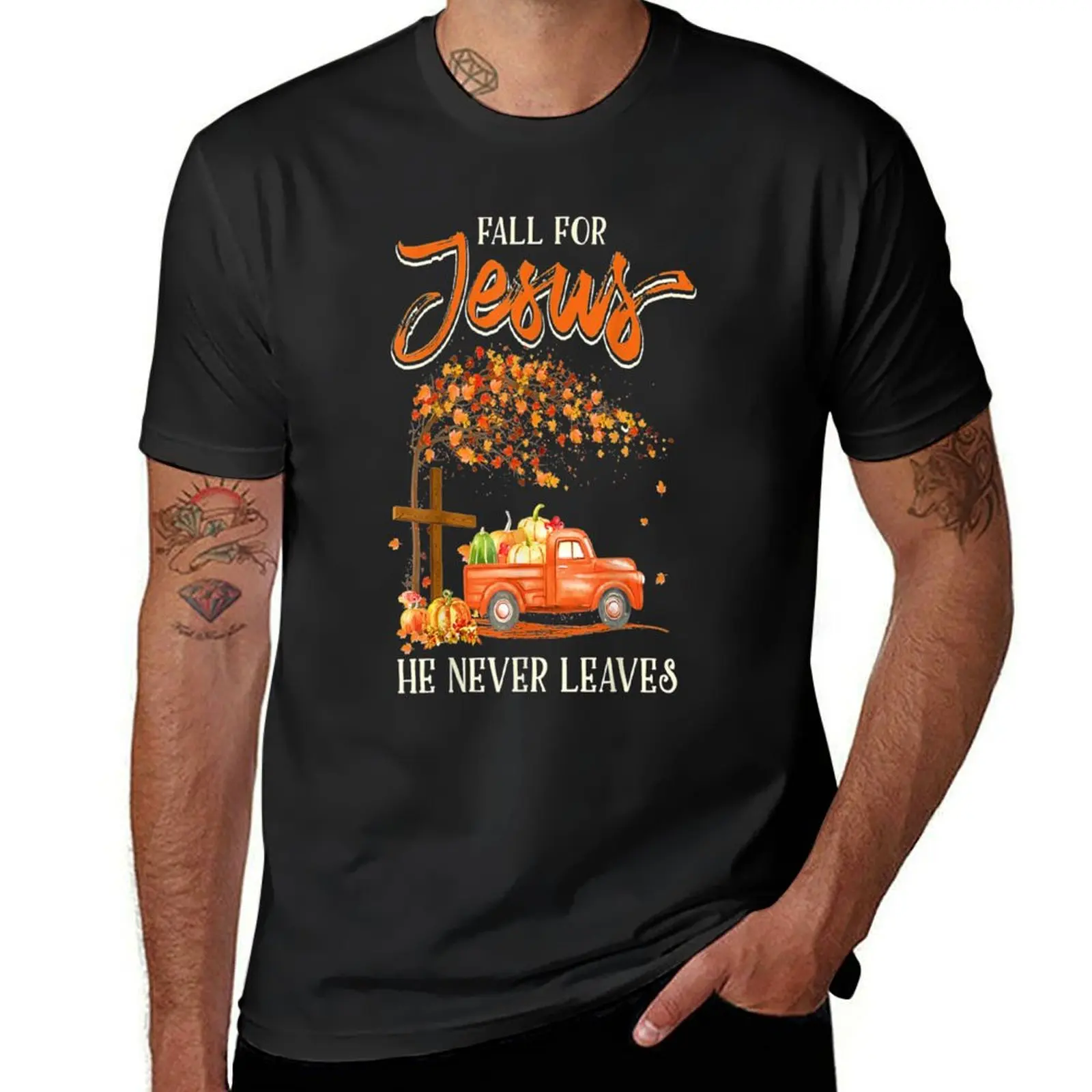 

Fall For Jesus He Never Leaves Pumpkin Truck Thanksgiving T-Shirt oversizeds vintage clothes sweat oversized t shirts for men