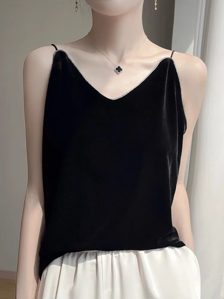 Velvet Strap Vest Sexy Inner Wear Bla Lace Trim Splice V-ne 2025 Summer Base Mom's Women's Top Lace Trim Splice Vest