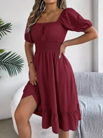 Spring Summer Elegant High Waisted Dress Square Neck Short Sleeved Ruffled Edge Long Dresses 2026 Valentine's Day Woman Clothing - Image 3
